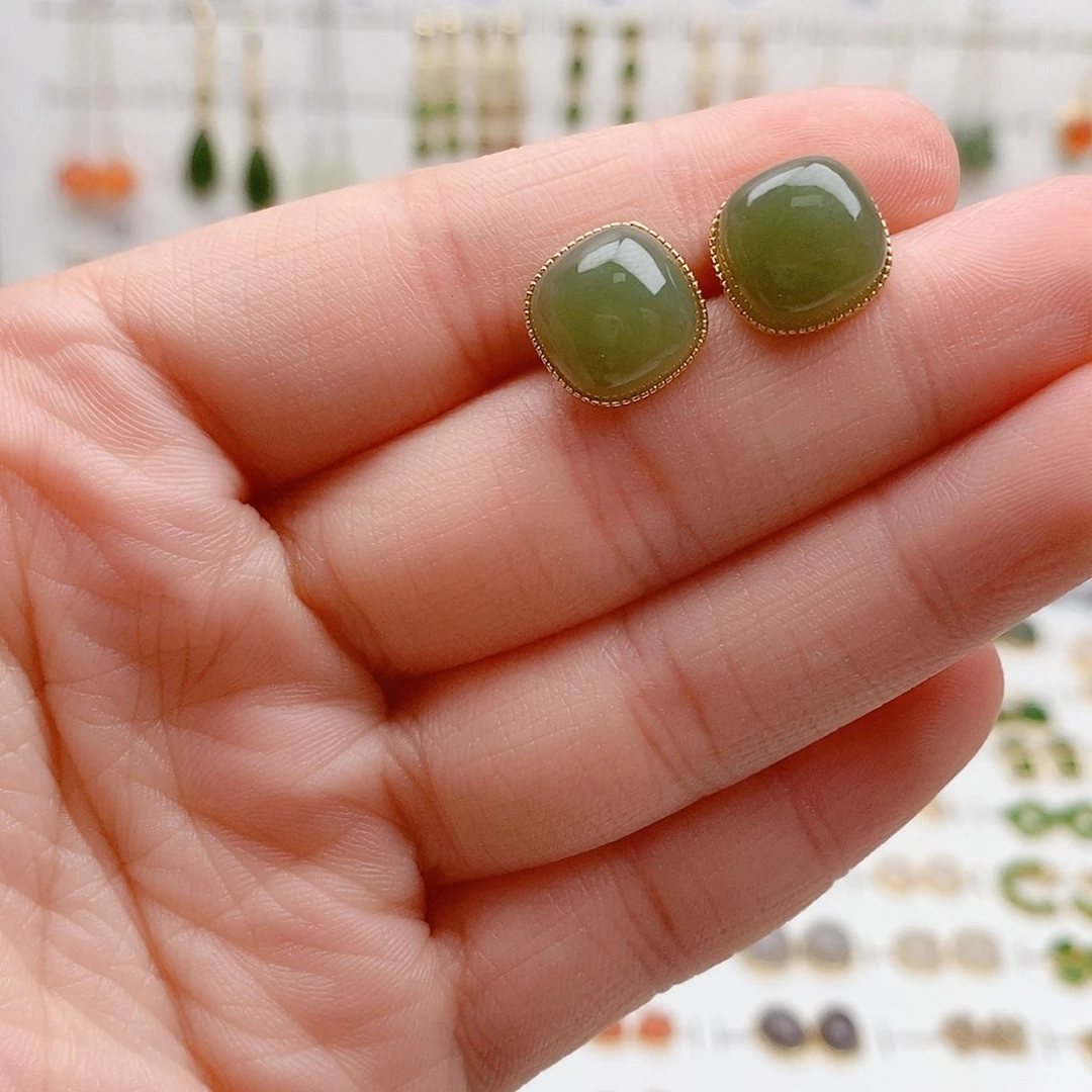 和田玉银S925镶嵌耳饰