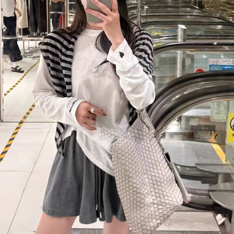 韩系条纹披肩长袖T恤阔腿短裤套装 2025新款休闲百搭3件套 5003