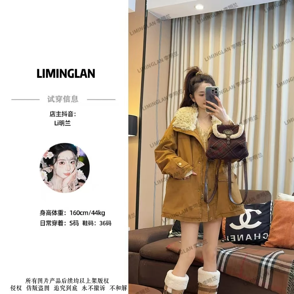 2025秋冬季新款女士中长款羊羔毛拼接外套加厚保暖收腰派克服