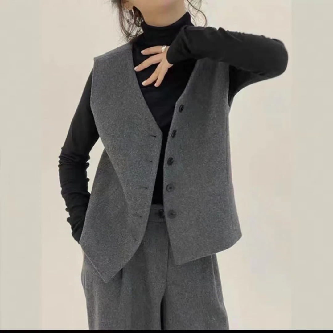 秋季新款时尚毛呢无袖马甲搭配高腰西裤套装休闲减龄