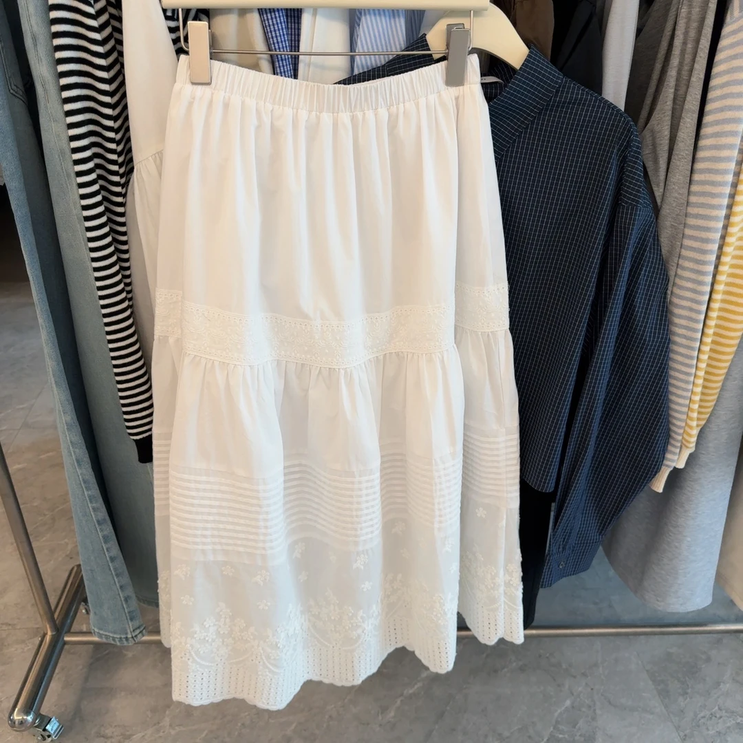 2025早春拼接蕾丝设计感松紧腰半身裙女ins韩版显瘦中长裙白色