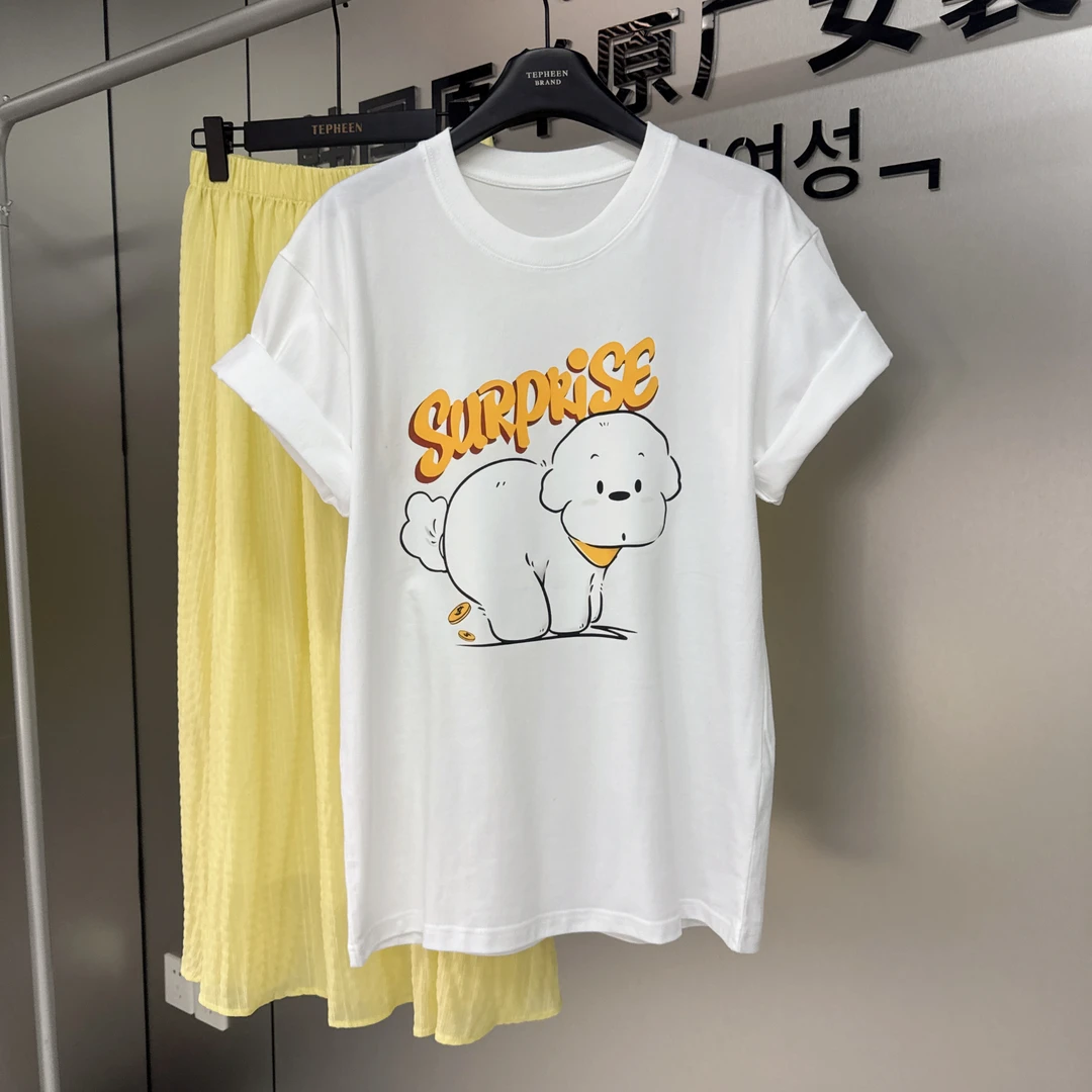 【小比熊】夏季ins宽松纯棉短袖t恤2025新款印花女卡通百搭Q096