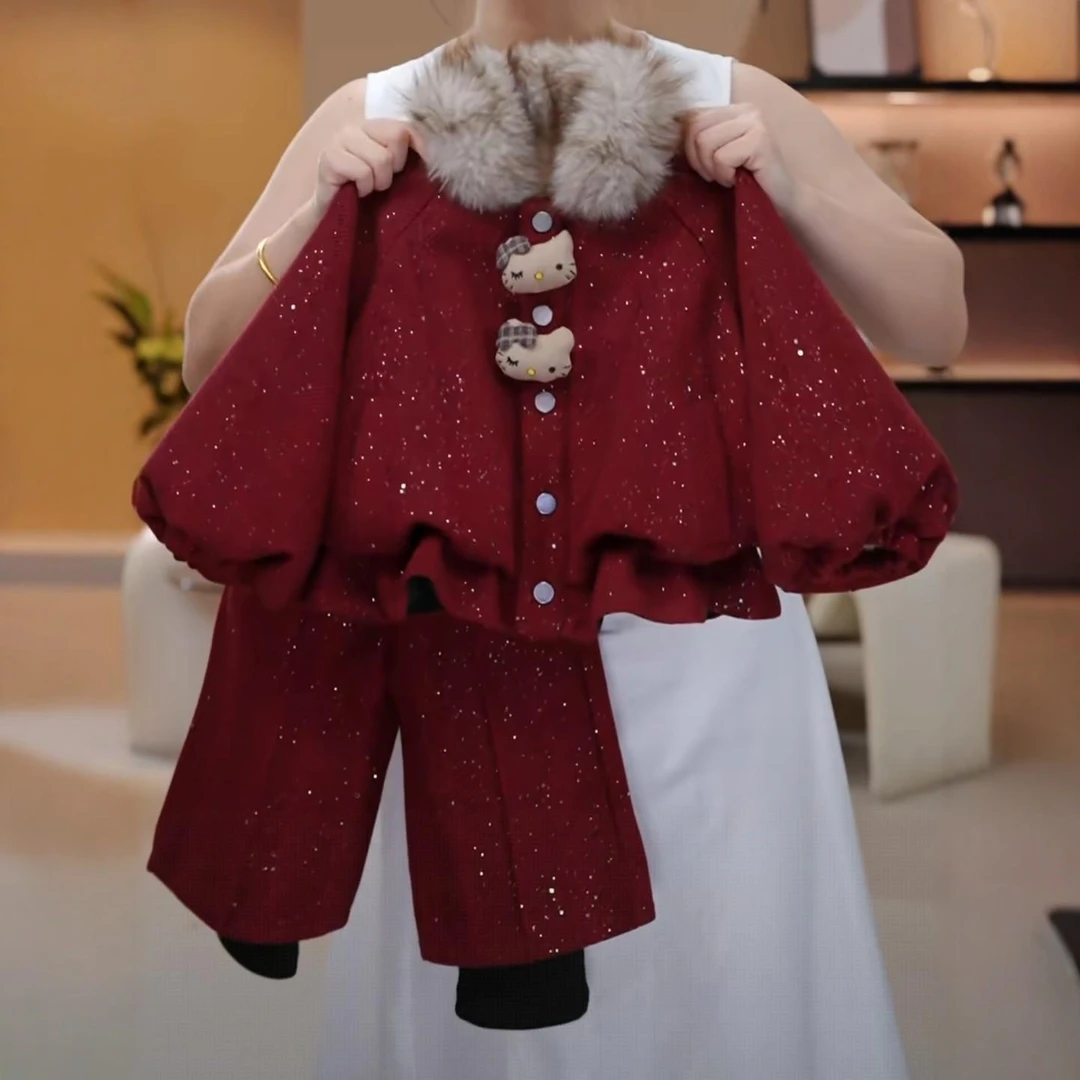 女童加绒加厚款红色毛呢套装新款冬装儿童过年服保暖翻领洋气外套