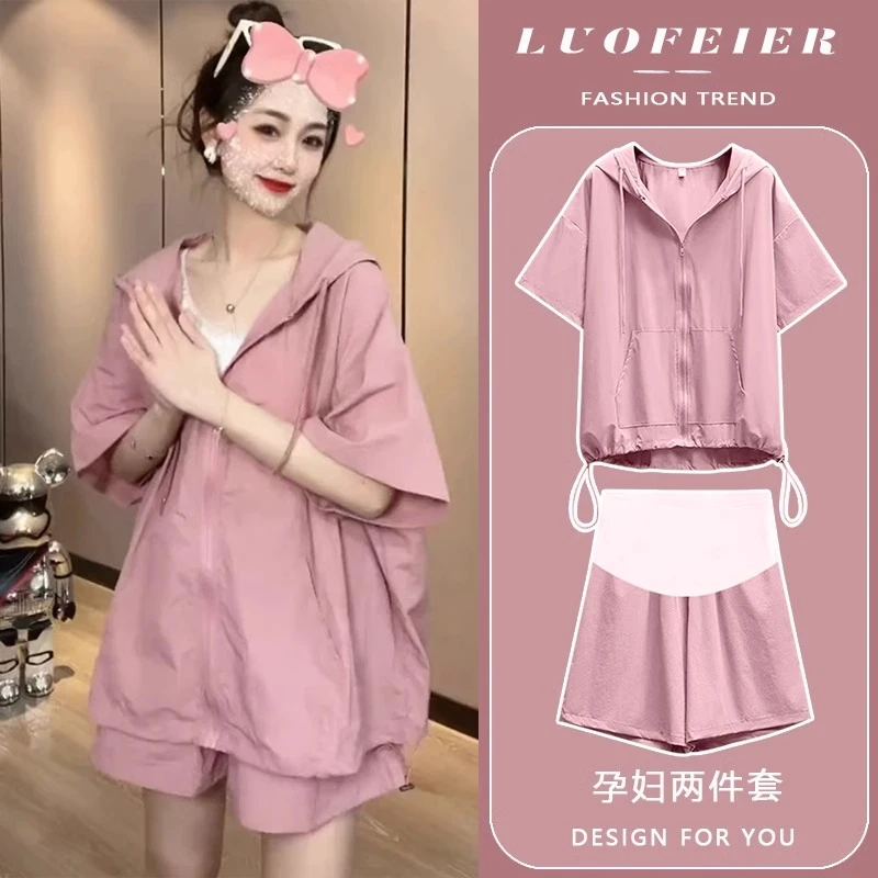 孕妇套装夏季外穿薄款时尚洋气短袖减龄防晒开衫外套两件套小个子