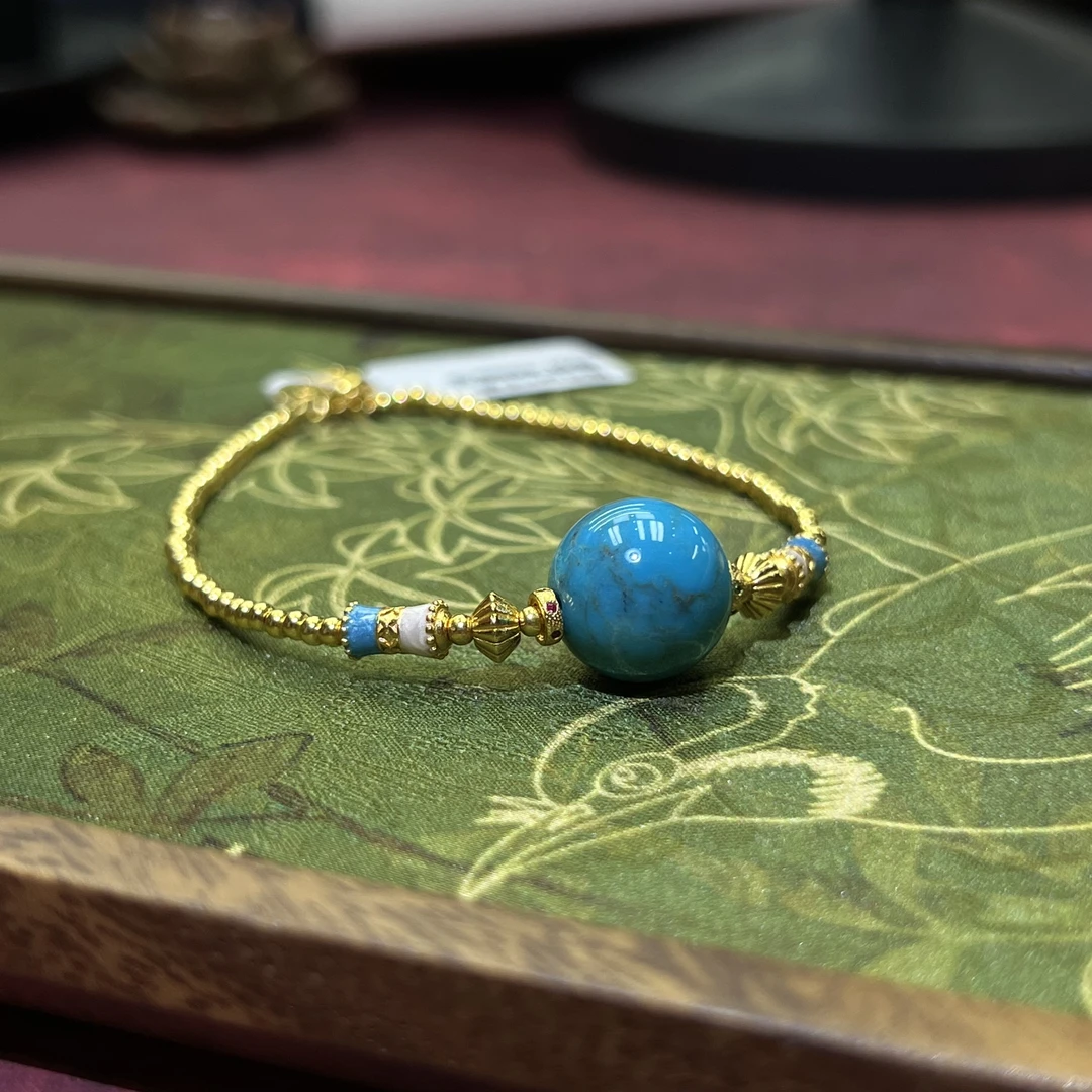 【珺笙珠宝】原矿妖蓝绿松石圆珠手链12mm S40021002059