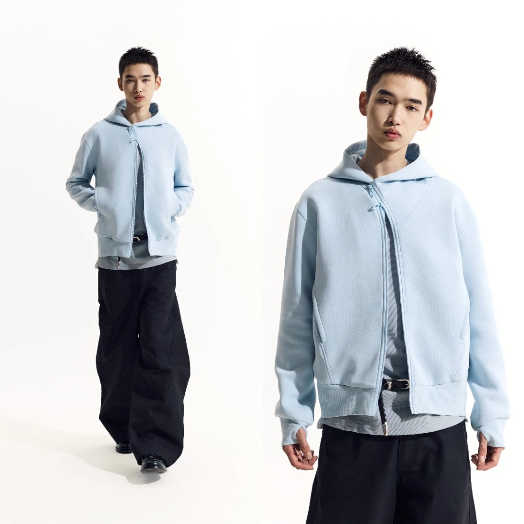 NORYBRAND 25SS斜拉链空气层裁剪连帽外套 简约宽松百搭休闲卫衣