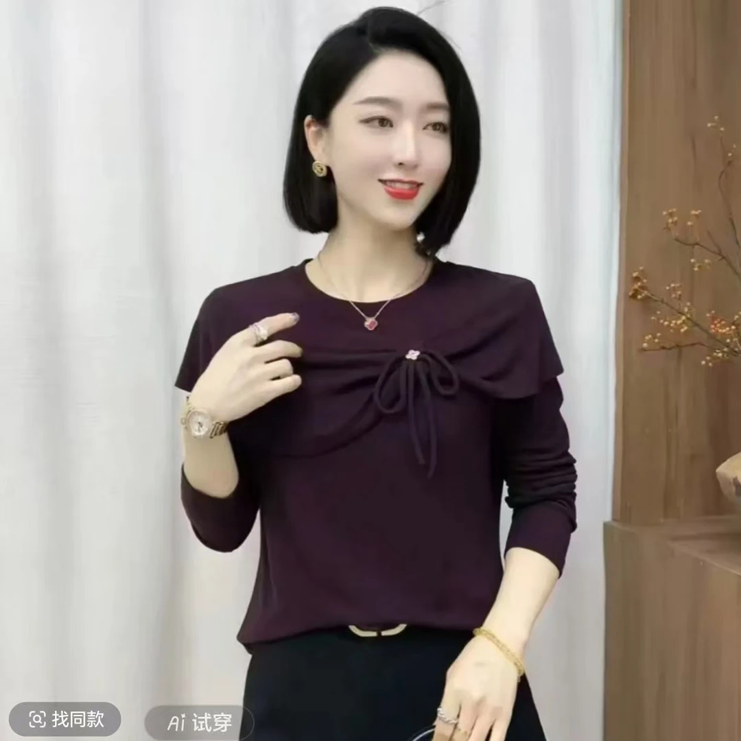 69070秋冬新品时尚网红女神蝴蝶结圆领百搭气质女士上衣长袖T