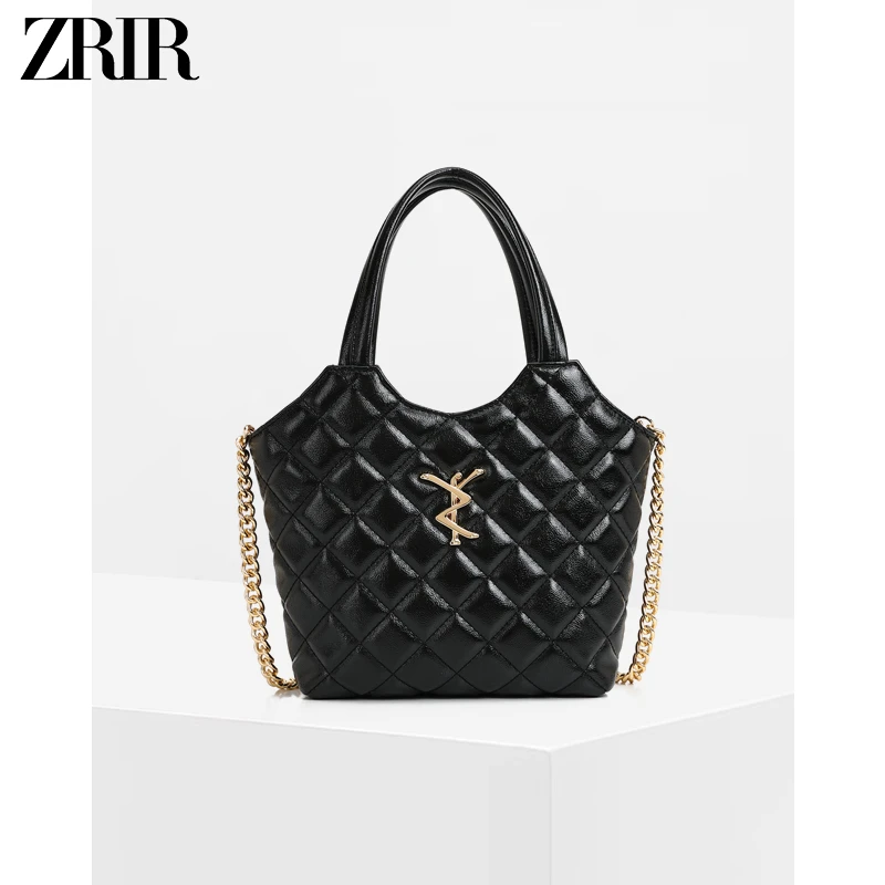 【刘叮当甄选】ZRIR小香风时尚轻奢菱格菜篮子手提斜跨包Z-3129黑