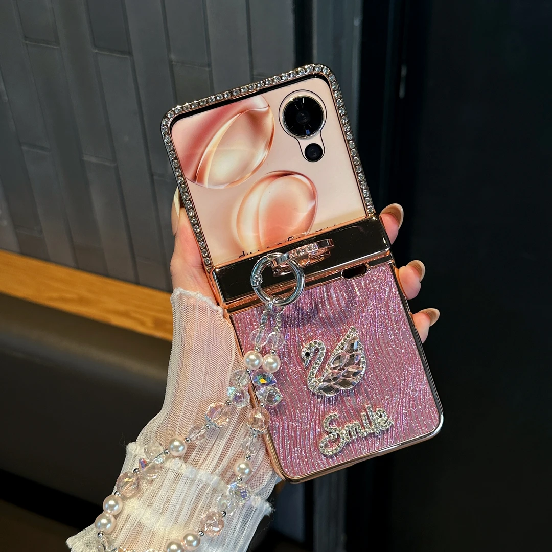 适用荣耀Magicvflip2手机壳膜一体轻奢水波纹闪粉天鹅全包保护套