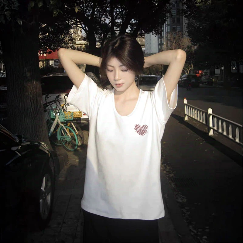 纯棉2025新款白色U领宽松正肩短袖T恤女夏季慵懒休闲半袖体恤上衣