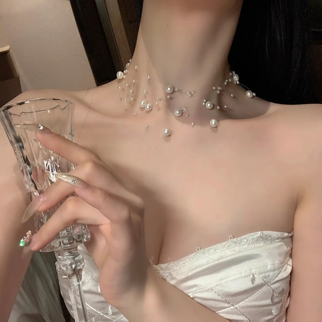 非金属仿珍珠项链 多层满天星珍珠项链女高级感锁骨毛衣链身体链