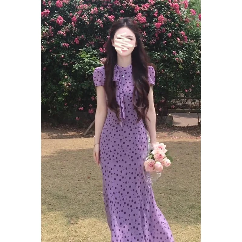 连衣裙女2025夏季新款法式气质收腰显瘦波点中长款短袖鱼尾裙子