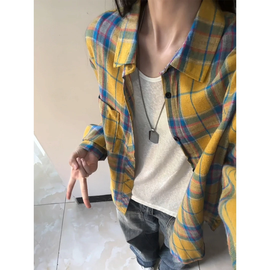 美式复古黄色格子衬衫男女款秋季穿搭休闲长袖衬衣慵懒风春秋外套