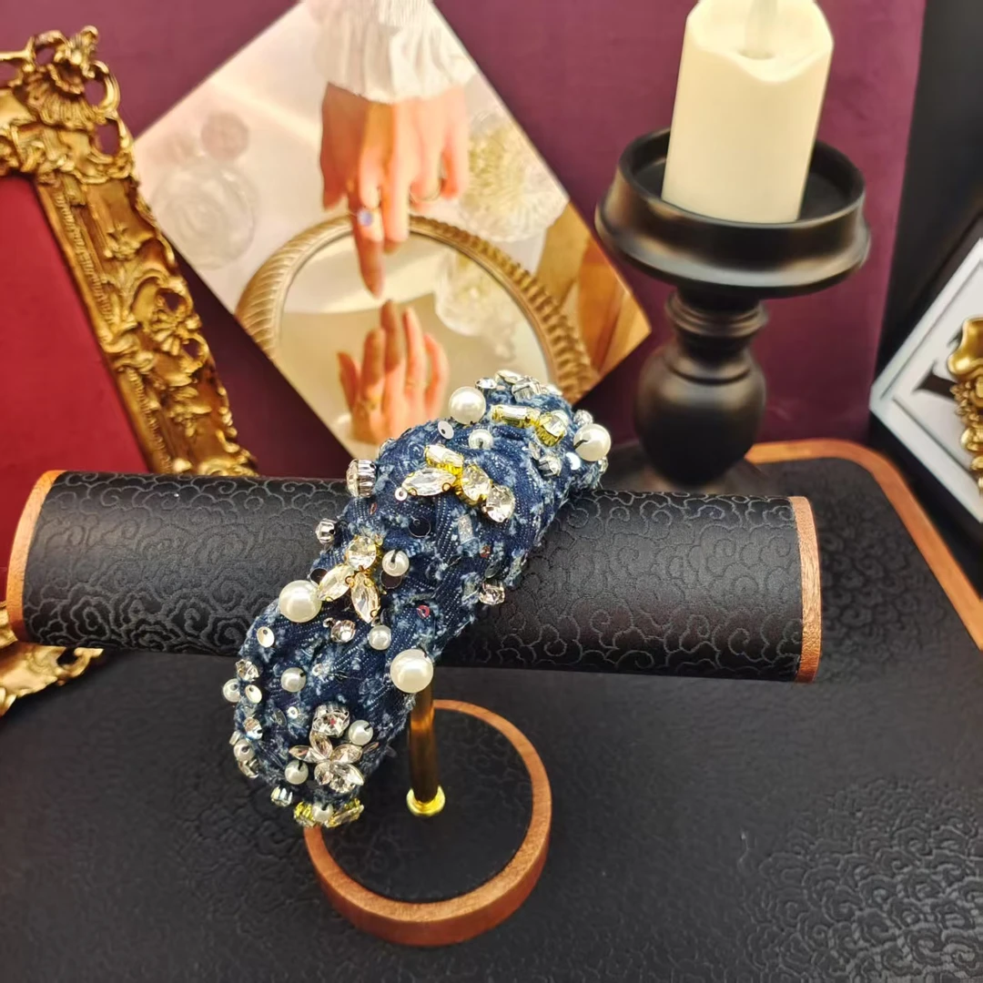 蓝色编织风小花水钻珠珠发箍AZ609