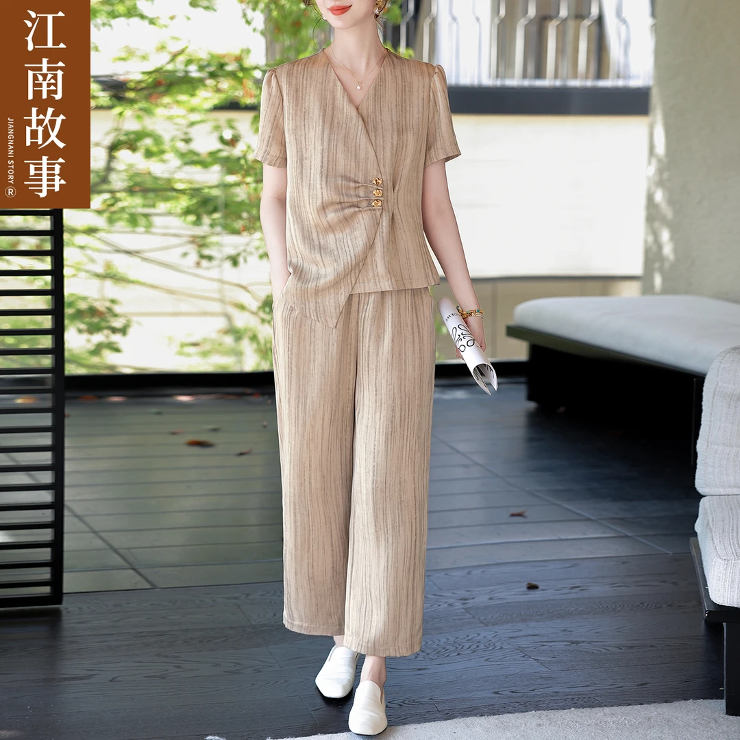 江南故事时尚纯色气质显瘦中老年女装复古夏季洋气大码妈妈装