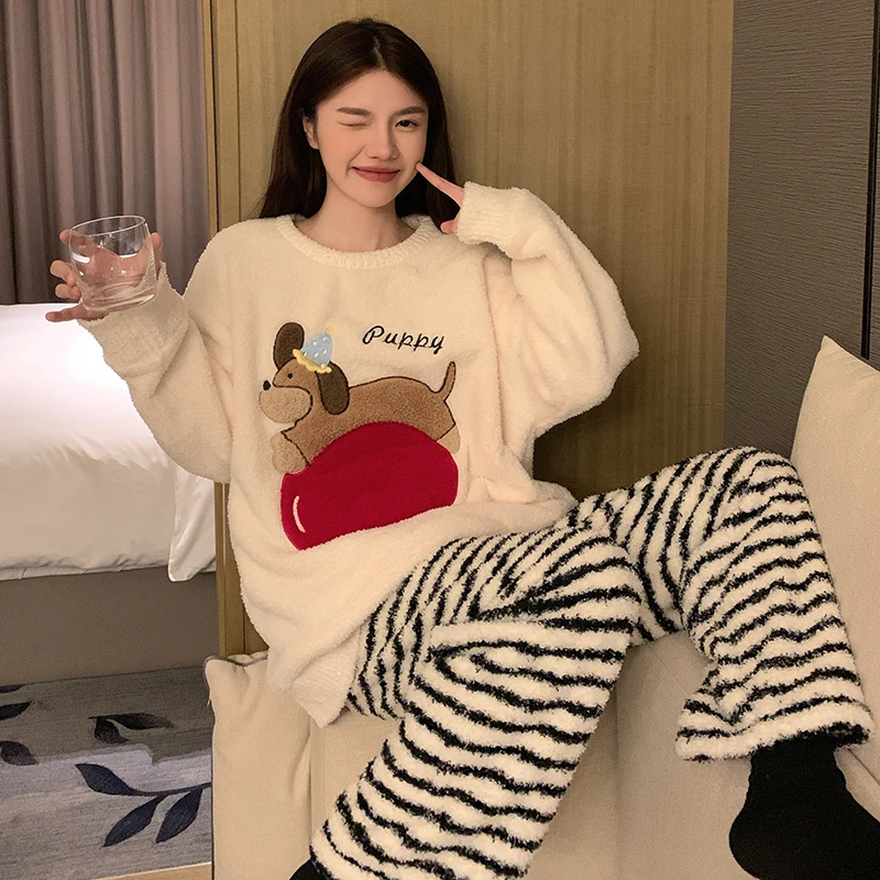 冬季加厚保暖软绵绒睡衣女款爆款2025新款卡通可爱腊肠狗条纹裤女