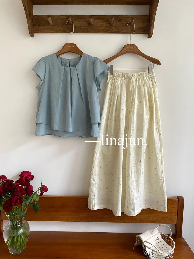 6.6春夏新款韩系时尚百搭圆领压褶短袖衬衫宽松通勤印花长裤