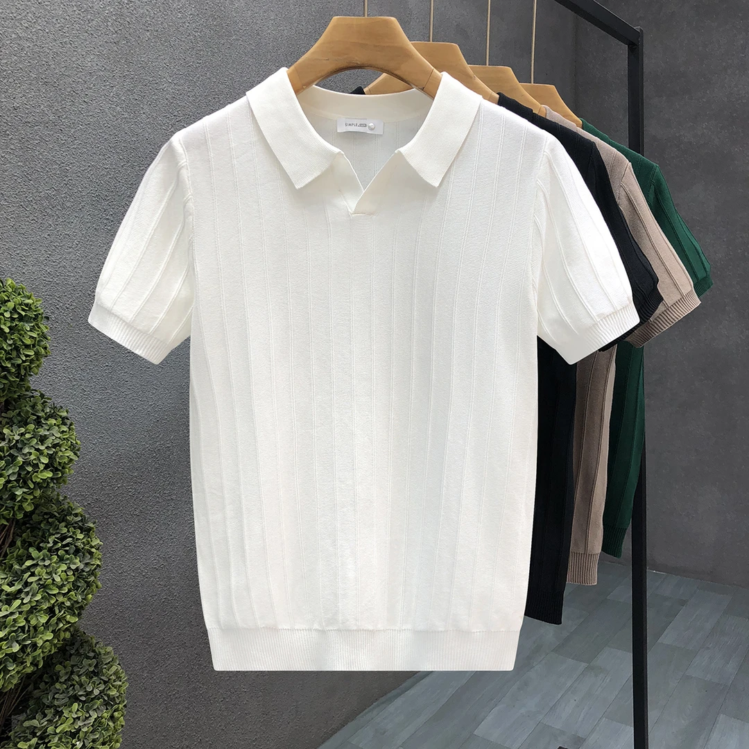 进口品质冰丝薄款白色短袖毛衣男秋季翻领针织t恤2025春夏半截袖
