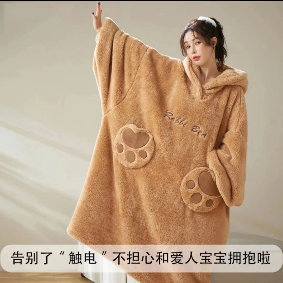 冬季秋冬季外穿冬款加绒加厚连帽睡袍睡裙闺蜜情侣款保暖长款家居