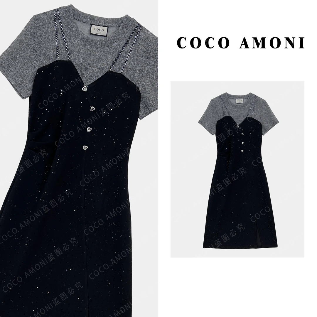 高级设计师原创新款女装拼接重工满天星收腰显瘦气质连衣裙AC347