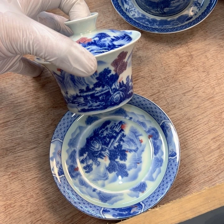 瓷片白青花富春山居图马蹄盖碗全品