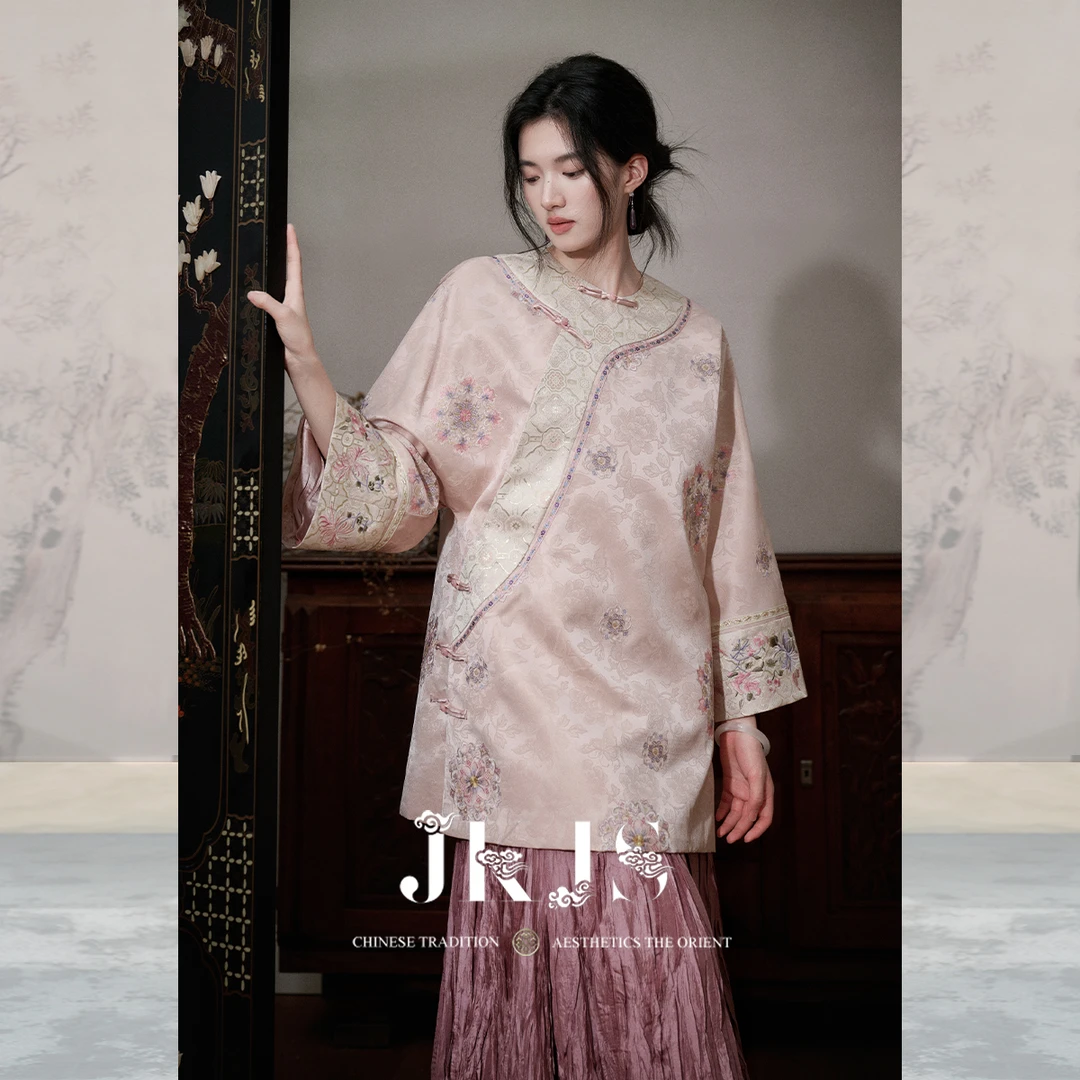 JKJS【桃夭樱雪】金丝提花刺绣宝相花外套新中式秋冬加绒斜襟上衣