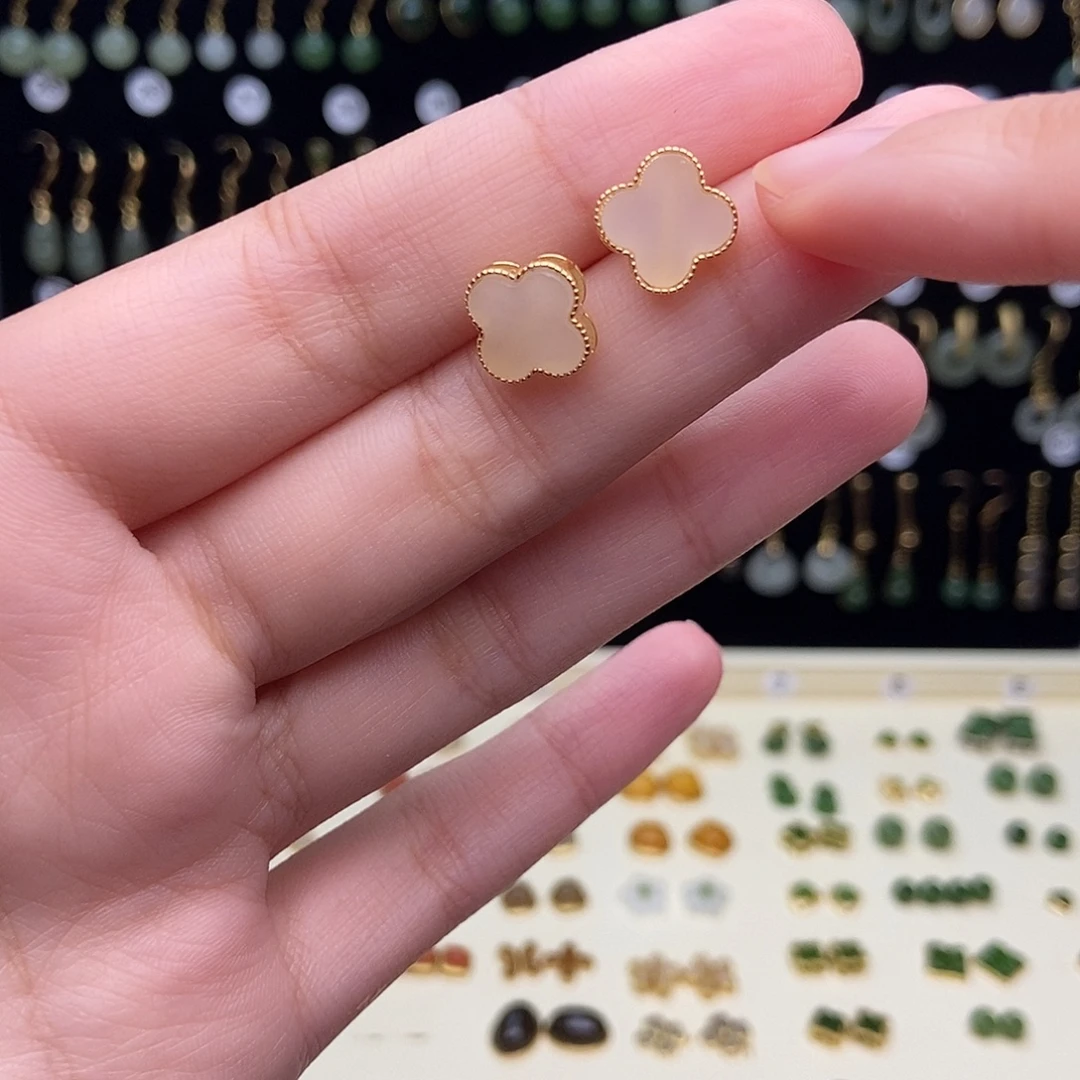 和田玉银S925镀金镶嵌耳饰