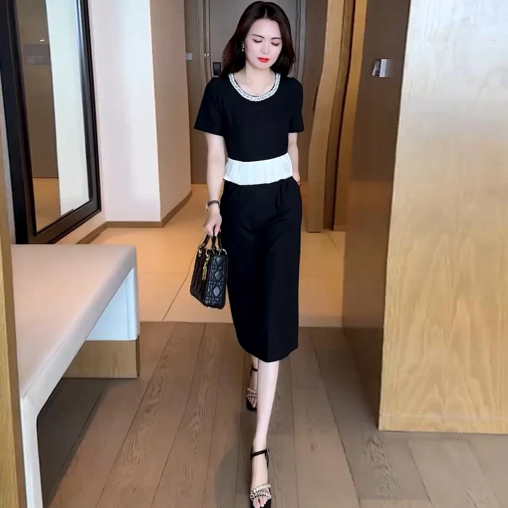 时尚洋装女2025夏季新款洋派显瘦圆领钉珠撞色拼接假两件中长裙