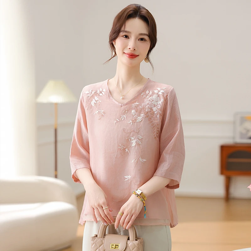 新中式妈妈夏装上衣洋气七分中袖小衫2025新款时尚中老年女装国风
