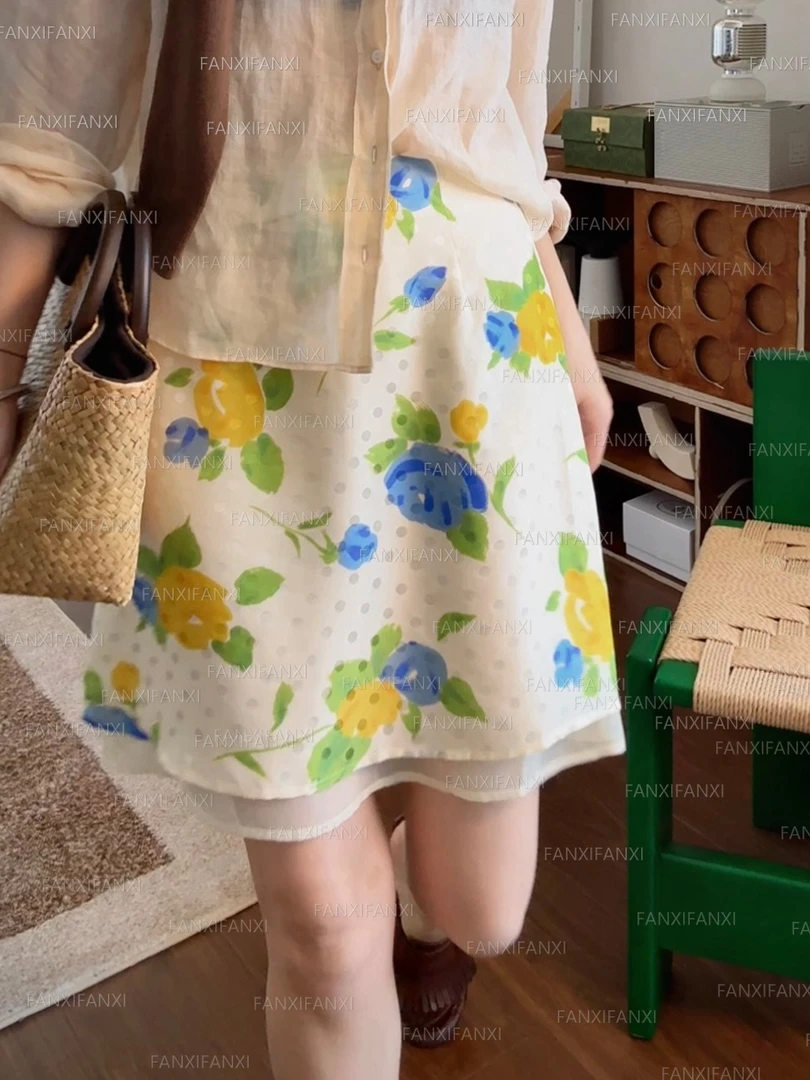 2025冷淡辣妹风桑蚕丝提花半身裙百搭桑波缎印花合身双层A字裙Q61