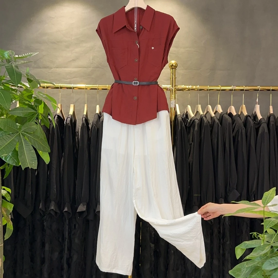 A511夏季新款时尚气质显瘦百搭无袖衬衫上衣高级感阔腿裤两件套