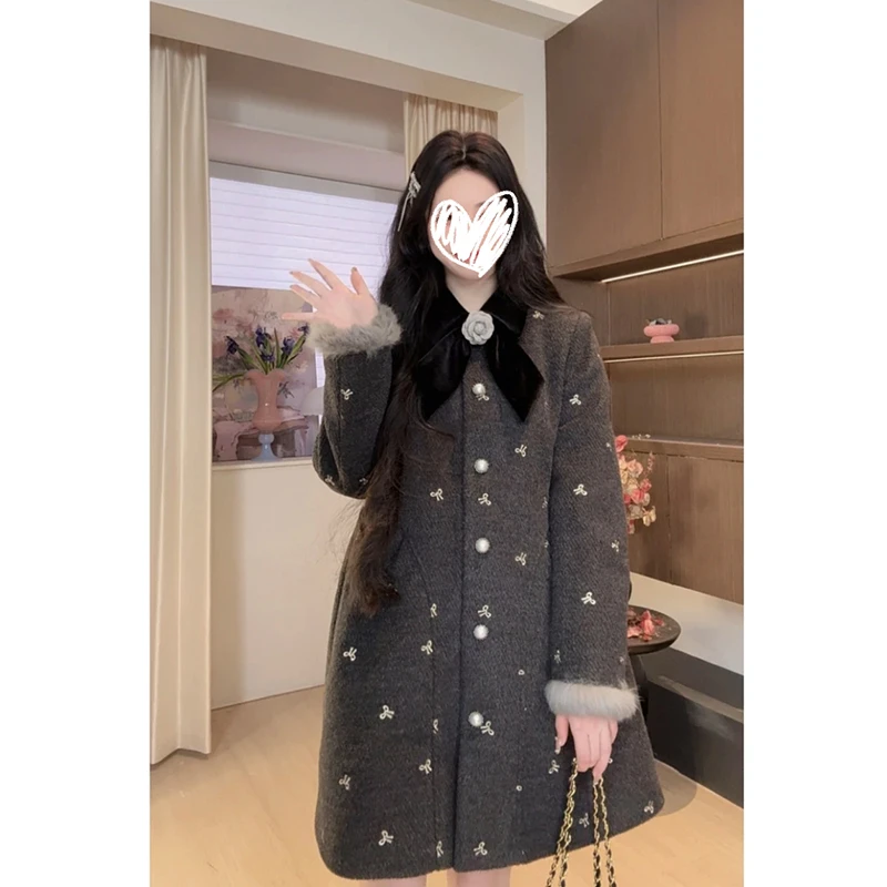 【在逃少女】冬季显瘦气质显白蝴蝶结翻领外套小香法式大衣女