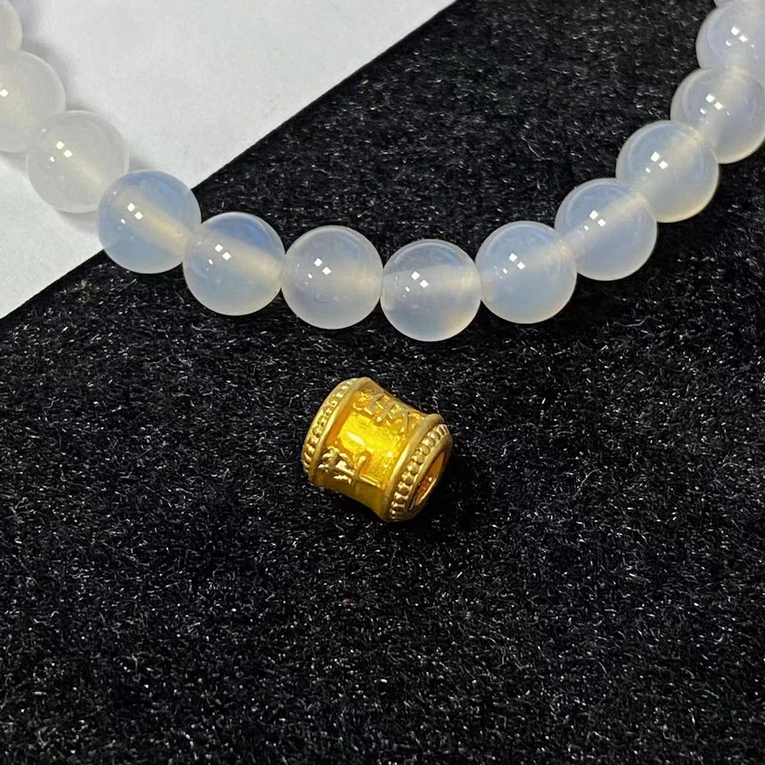 足金999烧蓝款黄色的平安喜乐桶珠白色玛 瑙手串@@A118
