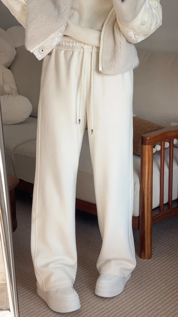 松紧腰直筒羊毛混纺裤