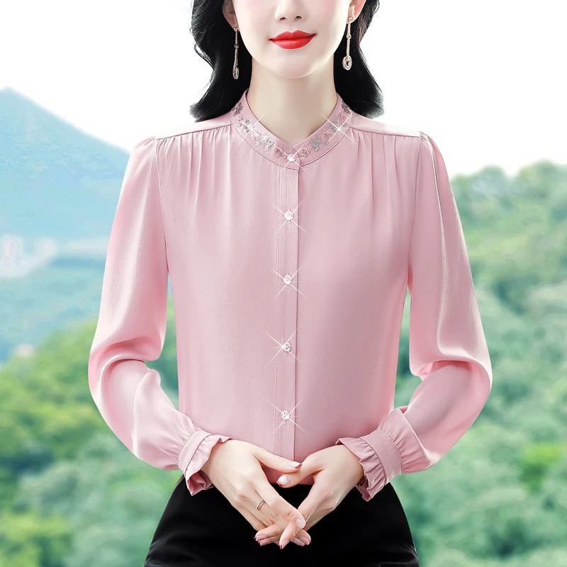 立领刺绣衬衫女2025春季新款设计感小众别致长袖上衣轻奢小衫女
