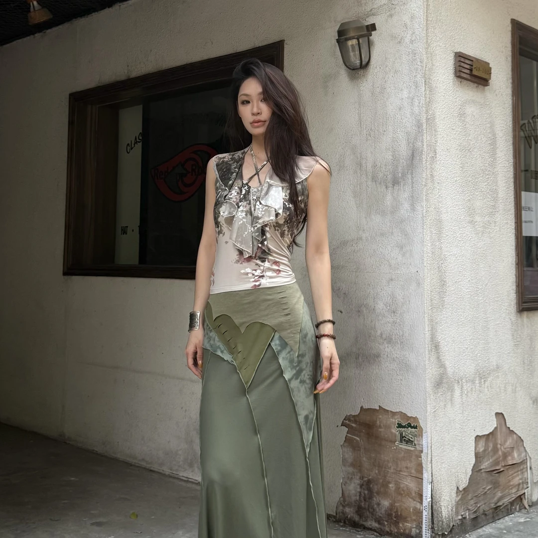 KUKUDEMI「荷蔓」新品植物系小众设计不规则荷叶挂脖背心古着感上衣