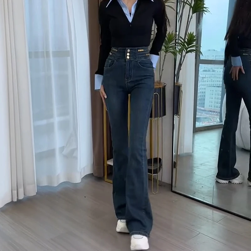 蓝色微喇叭牛仔裤女2025秋冬加绒大码胖mm高腰弹力宽松显瘦喇叭裤