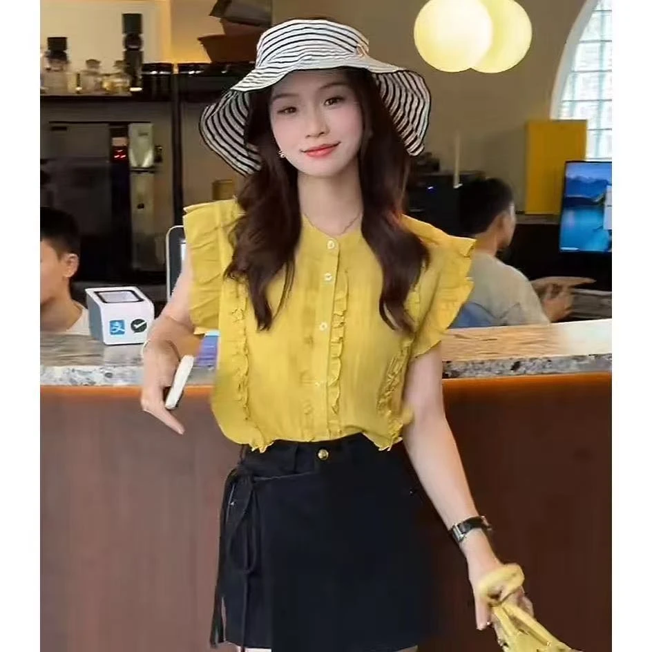 法式木耳边无袖衬衫女夏日轻薄设计感洋气减龄小衫独特超好看背心