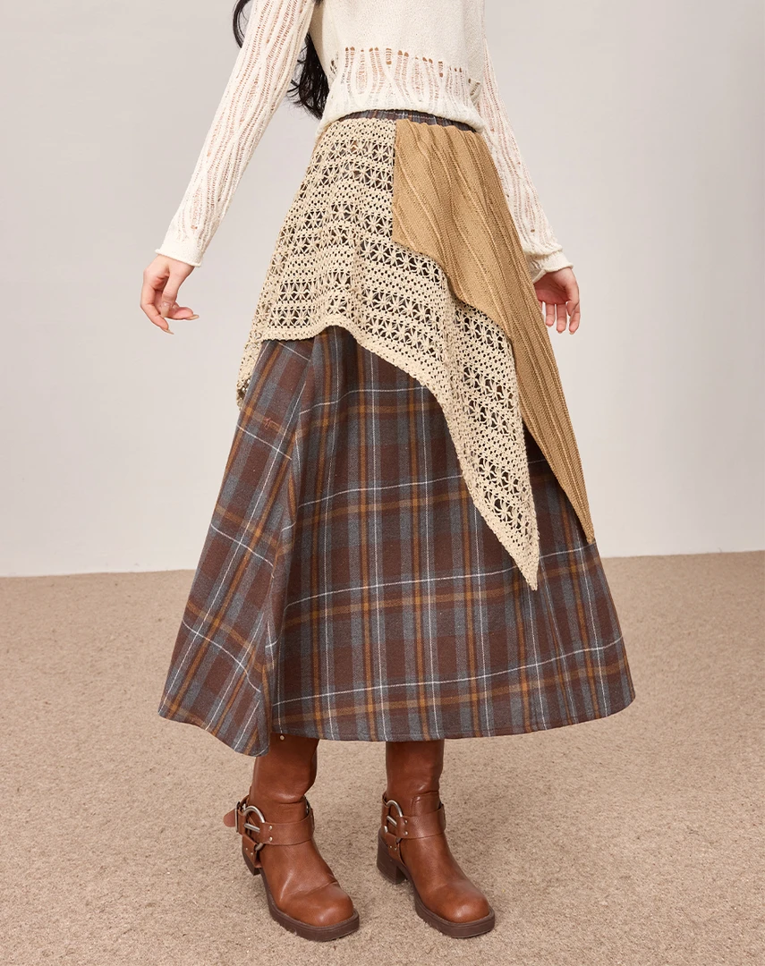 2025新款复古半身裙女秋季不规则a字格子蕾丝拼接高腰显瘦长