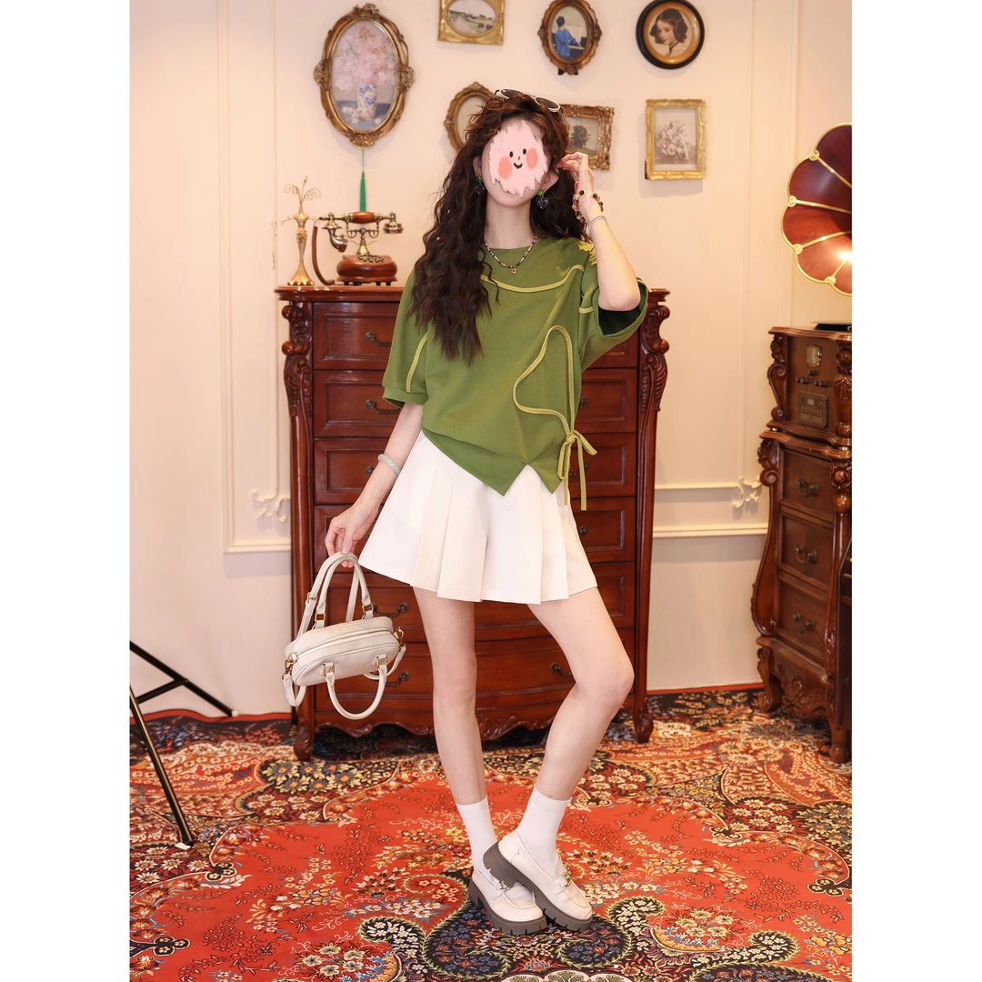 【春烟扶柳】港风复古夏季短袖拼色T恤休闲上衣