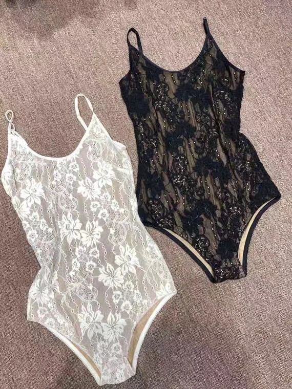 法式复古蕾丝连体背心性感修身U型大露背吊带上衣女