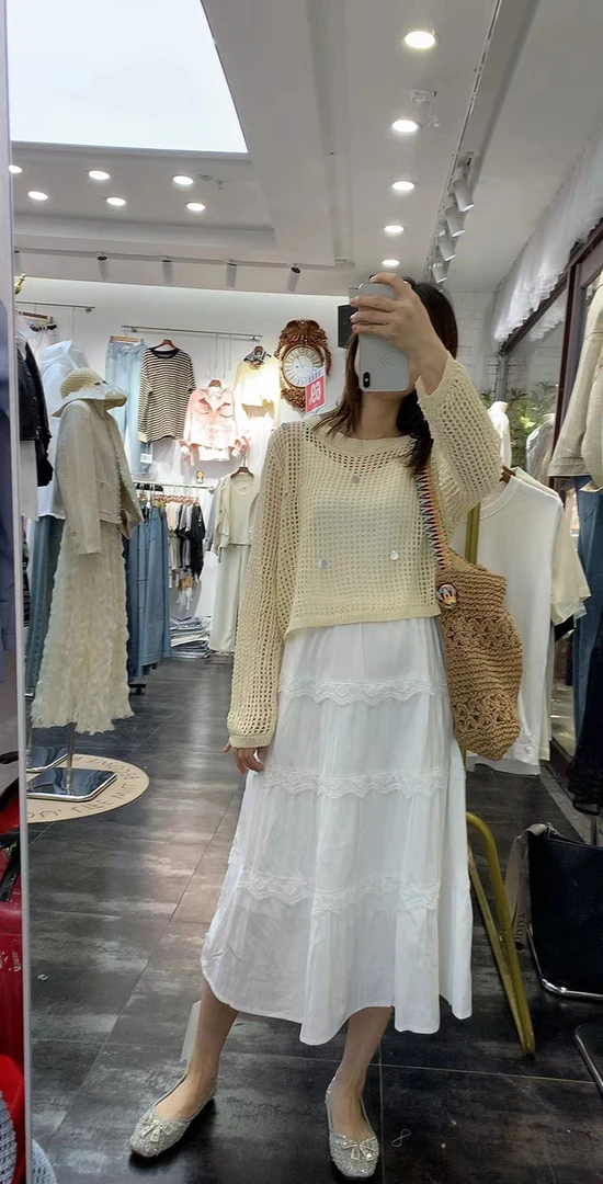 夏季新品青春白色连衣裙防晒网衫叠穿两件套时尚洋气小清新减龄潮