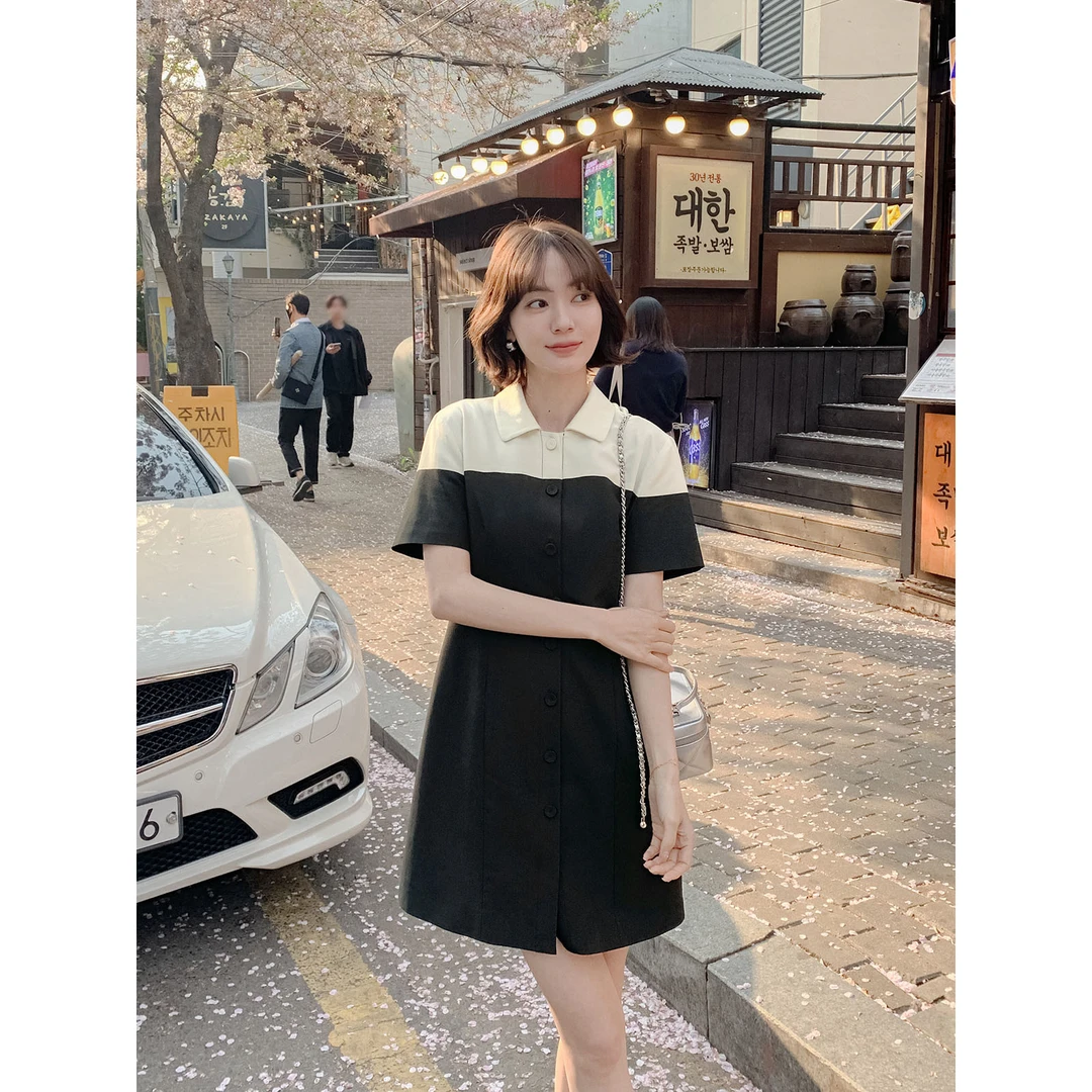 黑色Polo领休闲裙子女装2025年夏季新款高级感撞色遮肉显瘦连衣裙