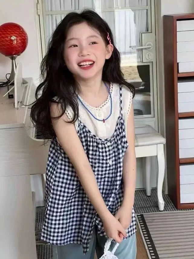 【豪宝贝】2025夏款格子吊带衬衫领假两件小衫3060