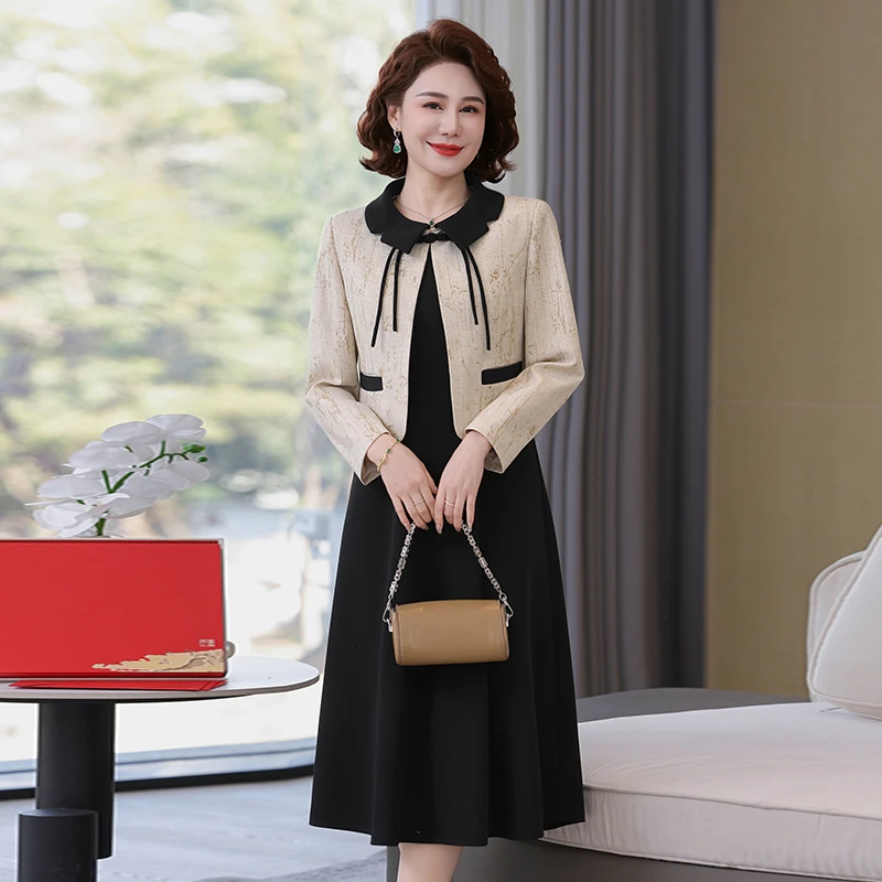 XL-5XL 2025年春装妈妈连衣裙两件套外套时尚中老年女裙子aa5822