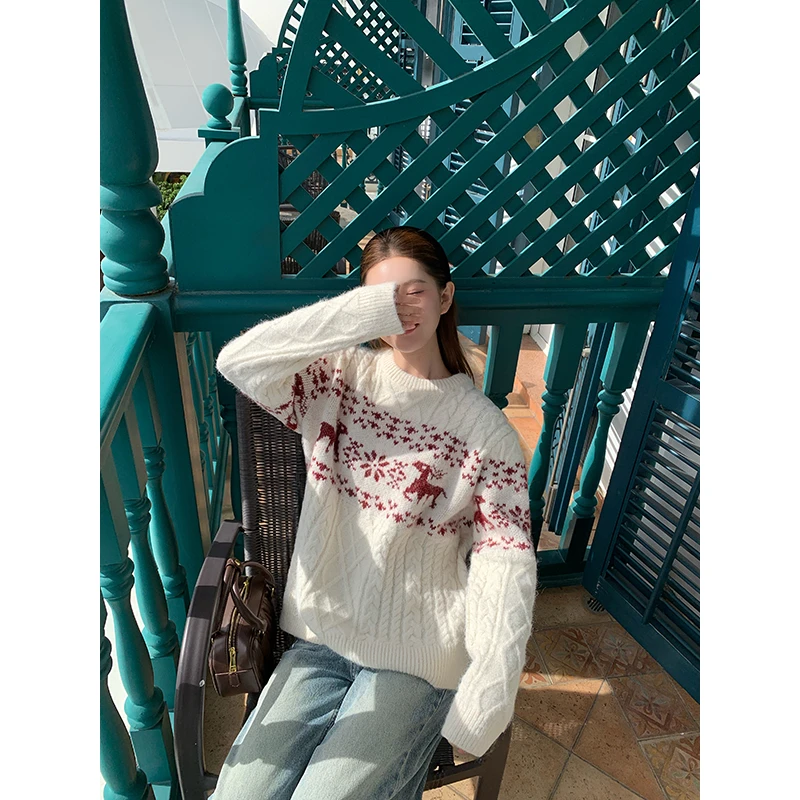 YOKLASS少女家 复古费尔岛圣诞毛衣慵懒宽松针织女上衣M39589S54