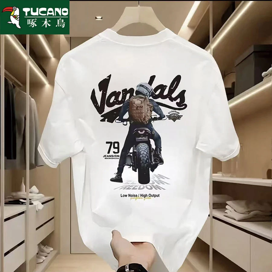 啄木鸟美式休闲宽松型印花短袖夏季T恤百搭春夏上衣圆领黑色男装