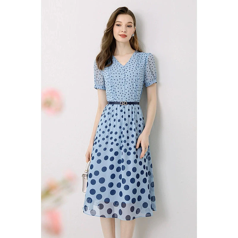 【蓝色波点】2025春新款圆领波点印花收腰连衣裙显瘦中长裙俏皮减龄