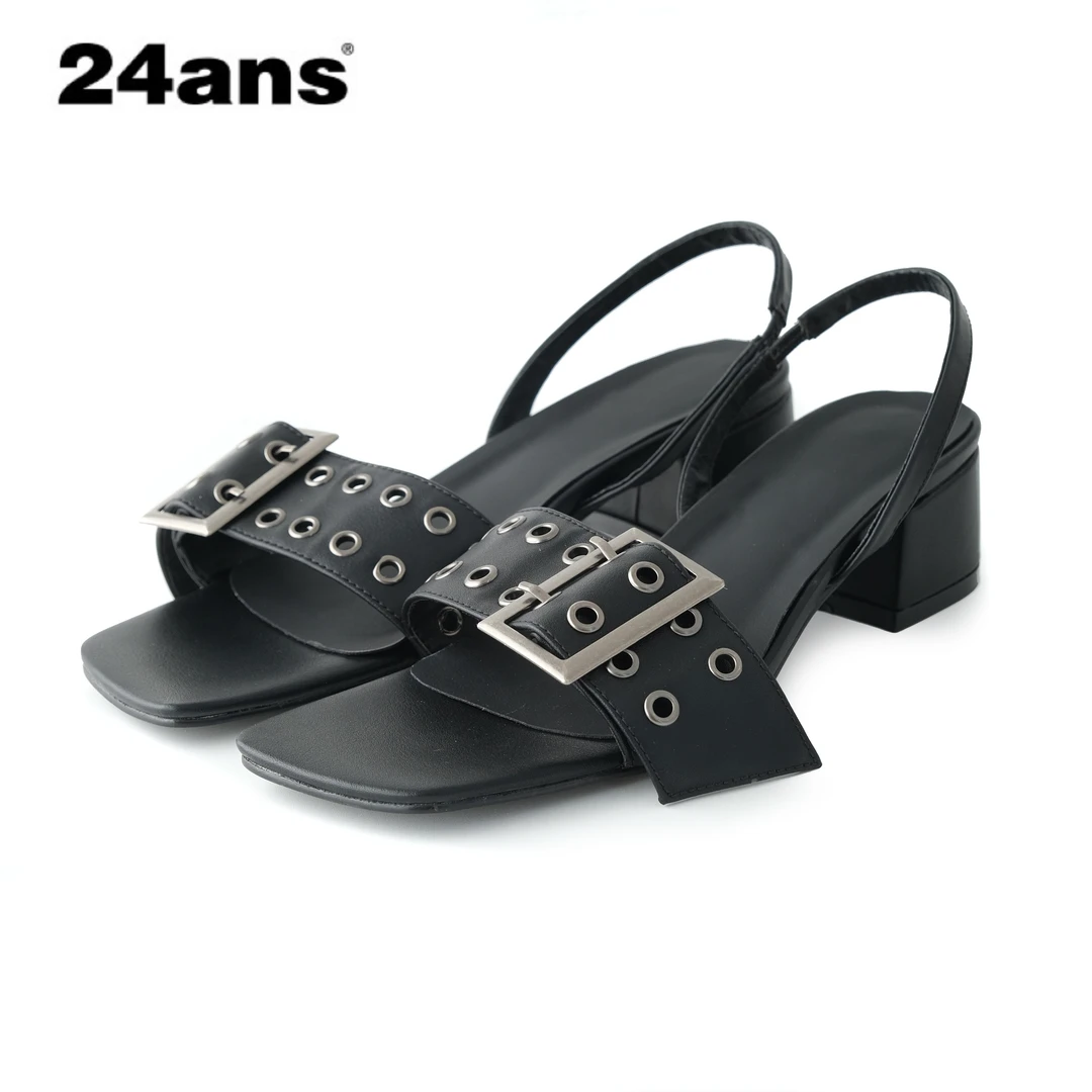 24ans One line sandals |金属扣pu一字拖方头粗跟朋克凉鞋4.2cm