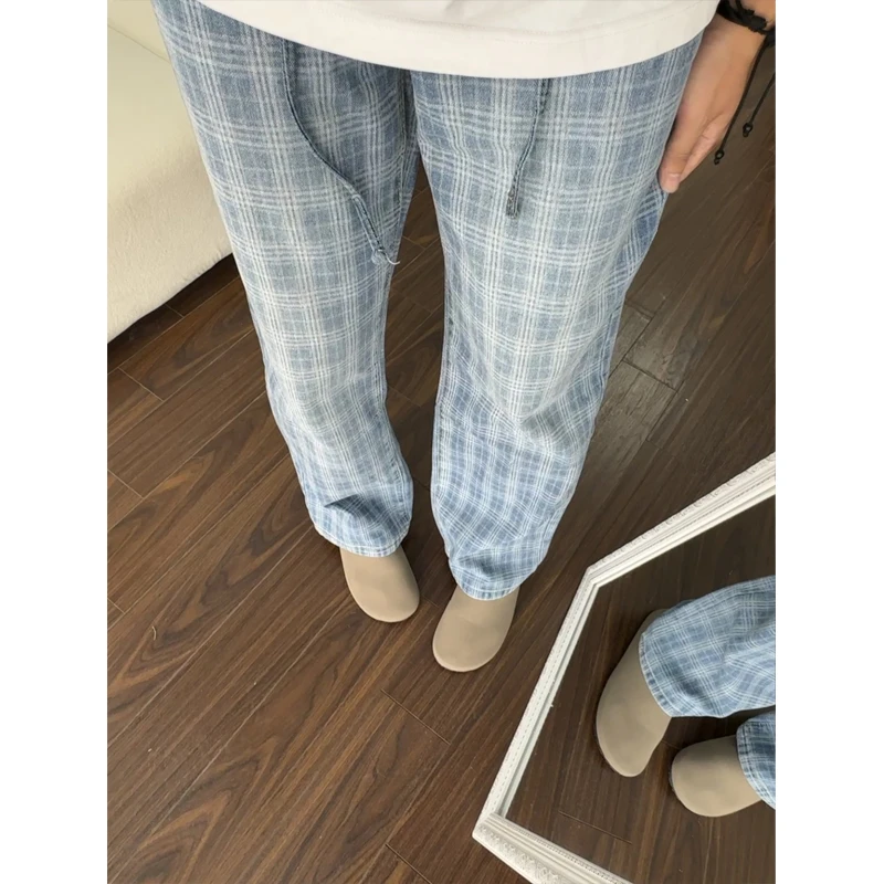 美式复古蓝色格子牛仔裤夏季潮牌痞帅直筒长裤高级感cleanfit裤子